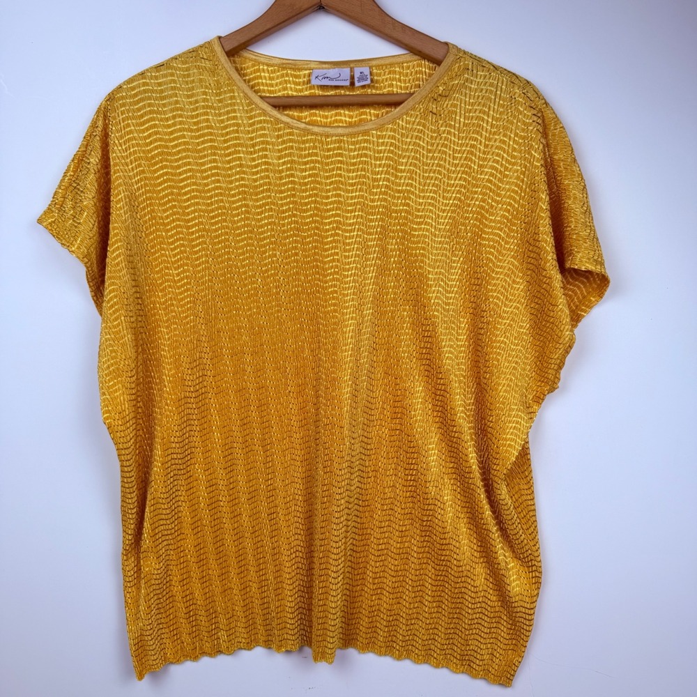 Kim Rogers Fall SolidMustard Yellow Metallic Dressy Shirt XL Short Sleeve